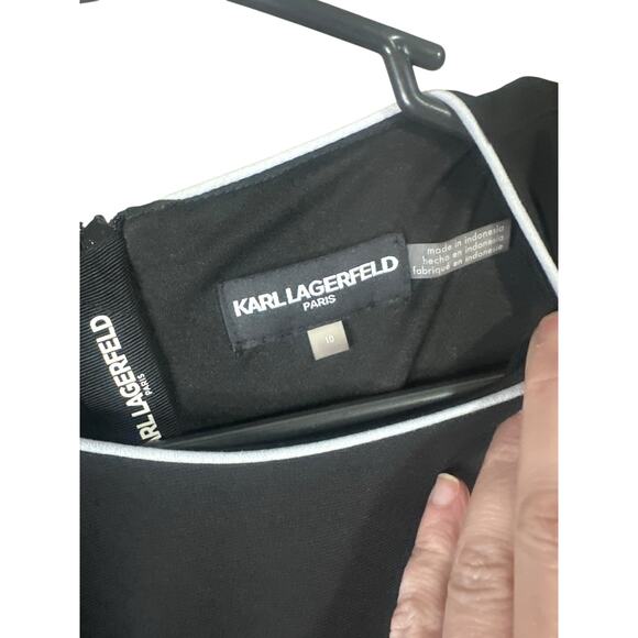 KARL LAGERFELD PARIS BLACK DRESS BABY BLUE RUFFLE CUFF WOMEN’S SIZE 10 - Picture 5 of 8